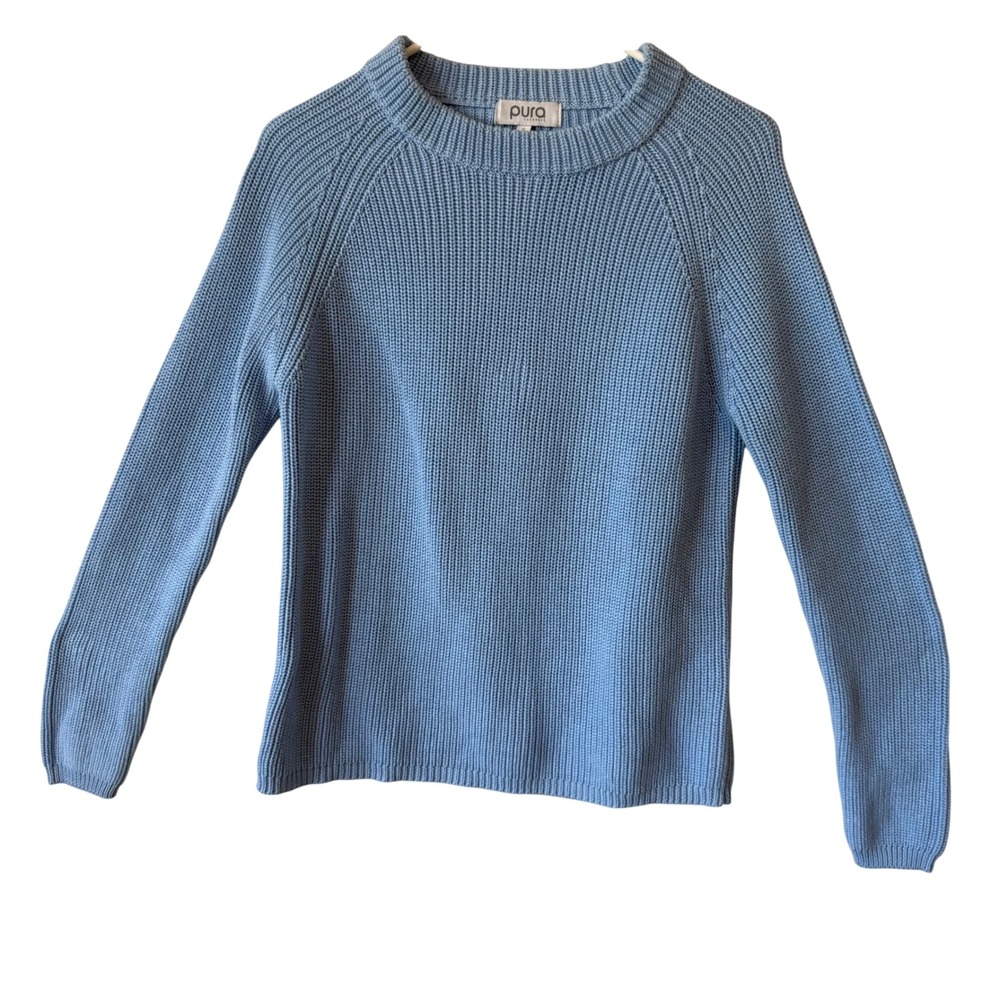 Pura Light Blue Supima Cotton Ribbed Raglan Crewneck Sweater Womens S Coastal